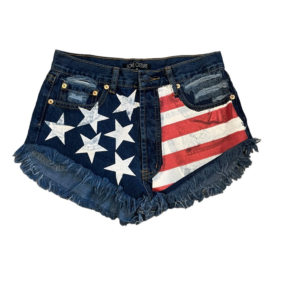 Love Culture Button Fly Patriotic US Flag Stars & Stripes  Denim Shorts Size S